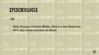 ▪LV
▪Ásia, Europa, Oriente Médio, África e nas Américas
▪90% dos casos ocorrem no Brasil
 
