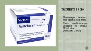 ▪ Mesmo que o humano,
mas proibido no Brasil
▪ Único medicamento
liberado no Brasil:
Miltefosina
(MMILTEFORAN)
 