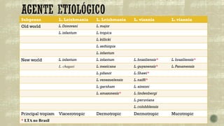 Subgenus L. Leishmania L. Leishmania L. viannia L. viannia
Old world L. Donovani L. major
L. infantum L. tropica
L. killicki
L. aethiopia
L. infantum
New world L. infantum L. infantum L. braziliensis* L. braziliensis*
L. chagasi L. mexicana L. guyanensis* L. Panamensis
L. pifanot L. Shawi*
L. venezuelensis L. naiffi*
L. garnham L. ainsoni
L. amazonesis* L. lindenbergi
L. peruviana
L. colobblensis
Principal tropism Viscerotropic Dermotropic Dermotropic Mucotropic
* LTA no Brasil
 