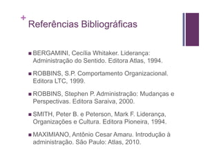 +
    Referências Bibliográficas

     BERGAMINI, Cecília Whitaker. Liderança:
     Administração do Sentido. Editora Atlas, 1994.

     ROBBINS, S.P. Comportamento Organizacional.
     Editora LTC, 1999.

     ROBBINS, Stephen P. Administração: Mudanças e
     Perspectivas. Editora Saraiva, 2000.

     SMITH, Peter B. e Peterson, Mark F. Liderança,
     Organizações e Cultura. Editora Pioneira, 1994.

     MAXIMIANO, Antônio Cesar Amaru. Introdução à
     administração. São Paulo: Atlas, 2010.
 