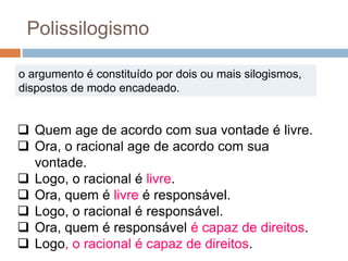  Quem age de acordo com sua vontade é livre.
 Ora, o racional age de acordo com sua
vontade.
 Logo, o racional é livre.
 Ora, quem é livre é responsável.
 Logo, o racional é responsável.
 Ora, quem é responsável é capaz de direitos.
 Logo, o racional é capaz de direitos.
Polissilogismo
o argumento é constituído por dois ou mais silogismos,
dispostos de modo encadeado.
 
