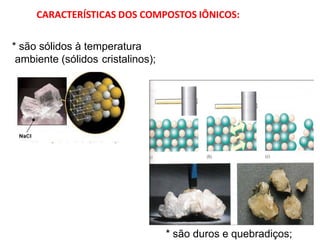 CARACTERÍSTICAS DOS COMPOSTOS IÔNICOS:
* são sólidos à temperatura
ambiente (sólidos cristalinos);
* são duros e quebradiços;
 