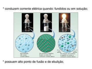 * conduzem corrente elétrica quando: fundidos ou em solução;
* possuem alto ponto de fusão e de ebulição.
 