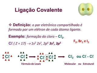 Ligação Covalente
 Definição: o par eletrônico compartilhado é
formado por um elétron de cada átomo ligante.
Exemplo: formação do cloro – Cℓ2.
Cℓ ( Z = 17)  1s2 2s2, 2p6 3s2, 3p5
Cℓ
Cℓ Cℓ2 ou Cℓ - Cℓ
Fórmula de Lewis Molecular ou Estrutural
F2, Br2 e I2
Cℓ
Cℓ
 