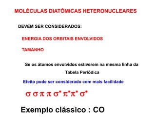Efeito pode ser considerado com mais facilidade
MOLÉCULAS DIATÔMICAS HETERONUCLEARES
DEVEM SER CONSIDERADOS:
ENERGIA DOS ORBITAIS ENVOLVIDOS
TAMANHO
Se os átomos envolvidos estiverem na mesma linha da
Tabela Periódica
Exemplo clássico : CO
s s p p s* p*p* s*
 