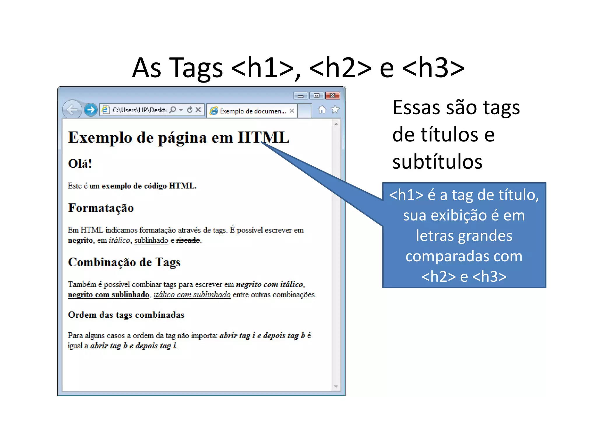 As Tags <h1>, <h2> e <h3>
                   Essas são tags
                   de títulos e
                   subtítulos
                   <h1> é a tag de título,
                     sua exibição é em
                       letras grandes
                     comparadas com
                        <h2> e <h3>
 