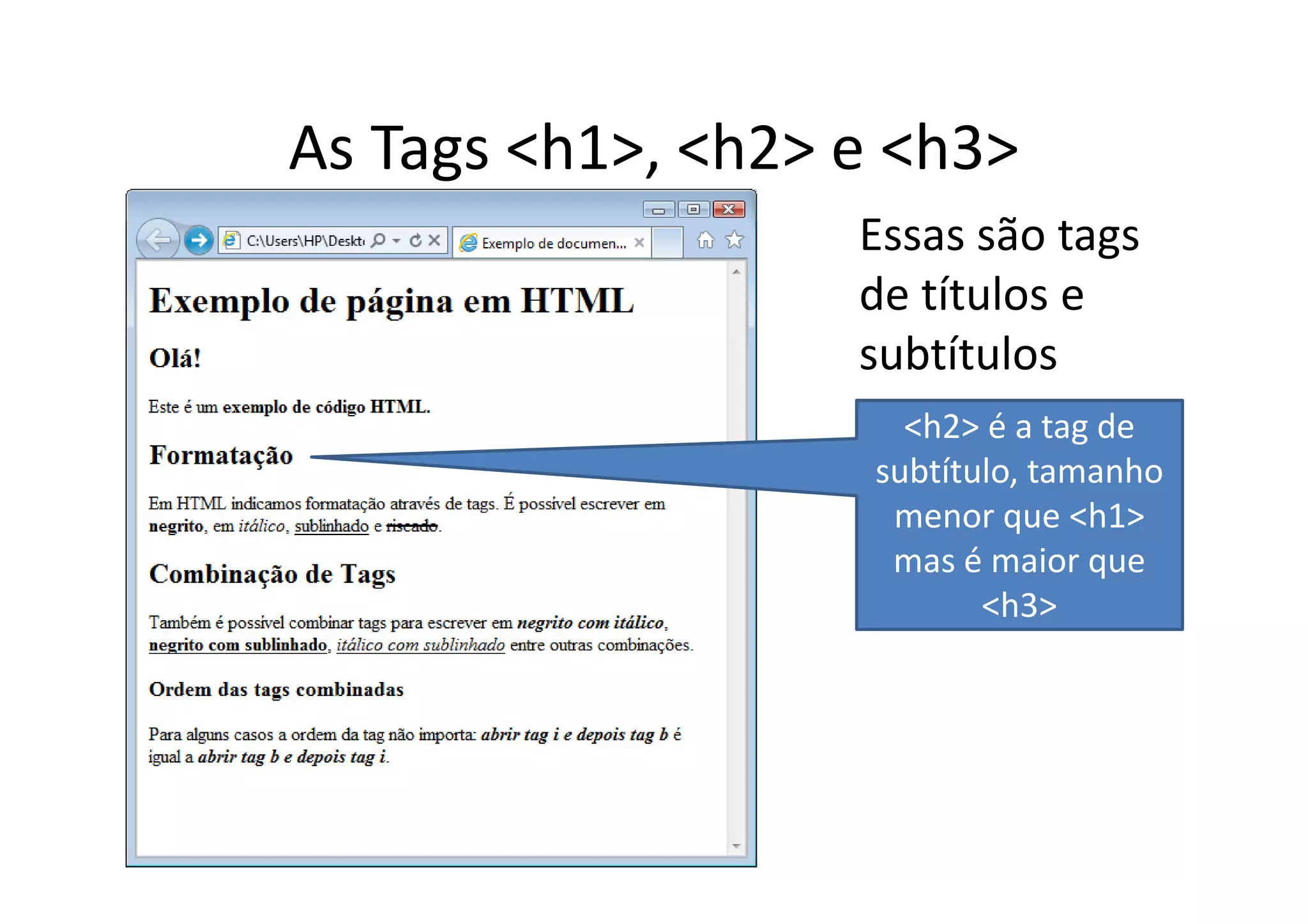 As Tags <h1>, <h2> e <h3>
                   Essas são tags
                   de títulos e
                   subtítulos
                      <h2> é a tag de
                    subtítulo, tamanho
                     menor que <h1>
                     mas é maior que
                           <h3>
 