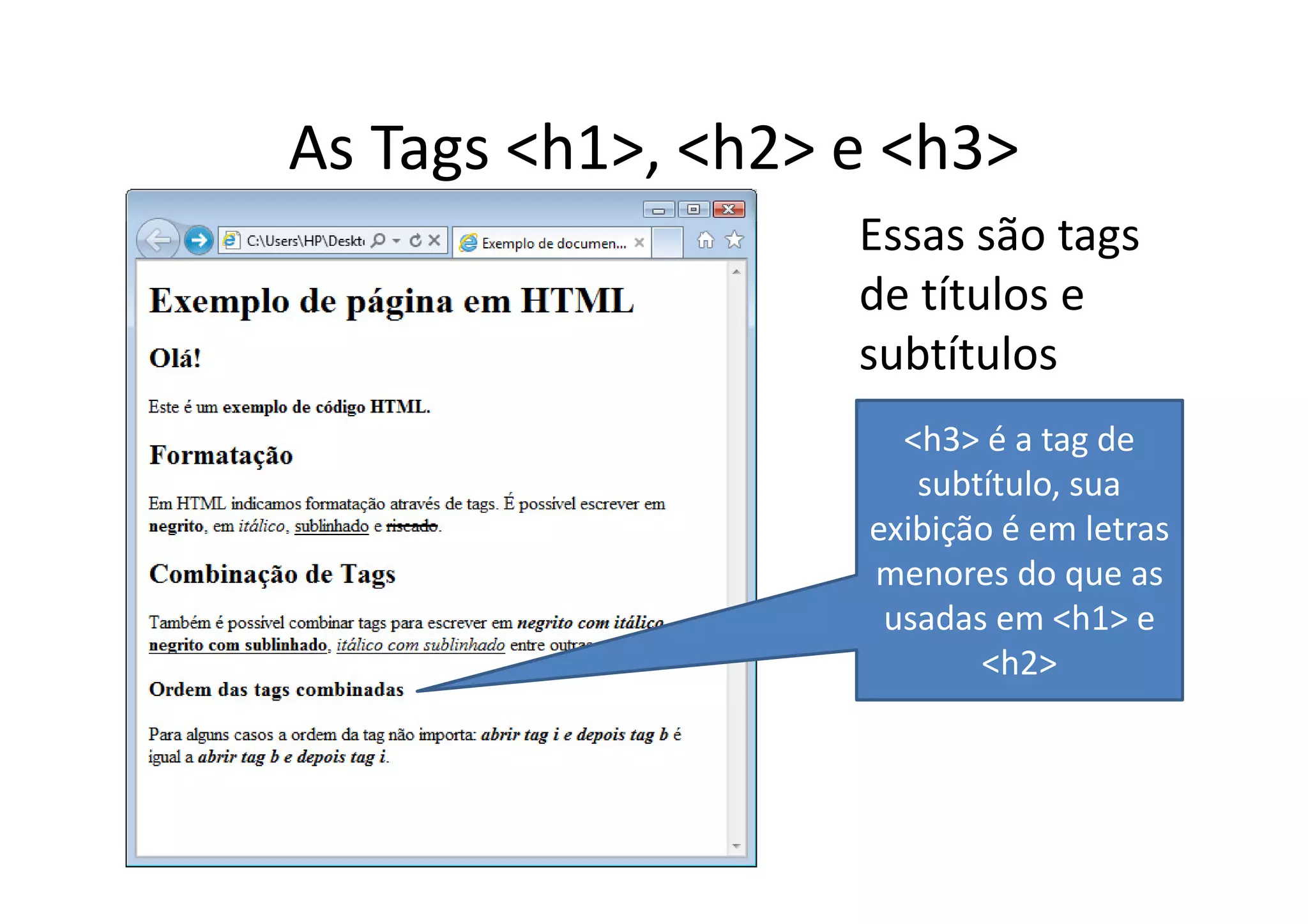 As Tags <h1>, <h2> e <h3>
                   Essas são tags
                   de títulos e
                   subtítulos
                     <h3> é a tag de
                      subtítulo, sua
                   exibição é em letras
                   menores do que as
                    usadas em <h1> e
                          <h2>
 