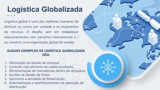 Logística global é uma das melhores maneiras de
diminuir os custos por unidade e os orçamentos
de recursos. O desafio vem em estabelecer
relacionamentos com parceiros internacionais e /
ou construir uma organização global de vendas.
Logística Globalizada
ALGUNS EXEMPLOS DE LOGÍSTICA GLOBALIZADA
SÃO:
1. Otimização da Gestão de estoque;
2. Controle mais eficiente da cadeia produtiva;
3. Movimentação de mercadorias dentro de armazéns;
4. Auxiliar na Gestão de frotas;
5. Aprimorar a atividade de Roteirização;
6. Automatização e aperfeiçoamento da operação de
distribuição.
 