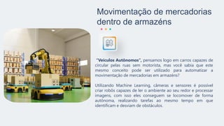 Movimentação de mercadorias
dentro de armazéns
“Veículos Autônomos”, pensamos logo em carros capazes de
circular pelas ruas sem motorista, mas você sabia que este
mesmo conceito pode ser utilizado para automatizar a
movimentação de mercadorias em armazéns?
Utilizando Machine Learning, câmeras e sensores é possível
criar robôs capazes de ler o ambiente ao seu redor e processar
imagens, com isso eles conseguem se locomover de forma
autônoma, realizando tarefas ao mesmo tempo em que
identificam e desviam de obstáculos.
 