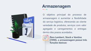 Para Lambert, Stock e Vantine
(1998), a armazenagem possui três
funções básicas:
Armazenagem
O objetivo principal do processo de
armazenagem é aumentar a flexibilidade
do serviço logístico, oferecendo ao cliente
variedade de produtos, serviços com valor
agregado e carregamentos e entregas
dentro dos prazos acordados.
 