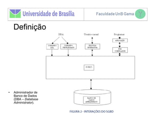Definição




•   Administrador de
    Banco de Dados
    (DBA – Database
    Administrator).
 