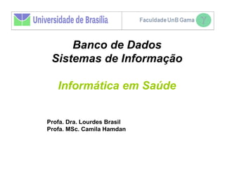 Banco de Dados
 Sistemas de Informação

   Informática em Saúde


Profa. Dra. Lourdes Brasil
Profa. MSc. Camila Hamdan
 