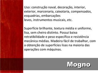 Uso: construção naval, decoração, interior,
exterior, marcenaria, caixotaria, compensados,
esquadrias, embarcações
leves, instrumentos musicais, etc.

Superfície brilhante, textura média e uniforme,
lisa, sem cheiro distinto. Possui baixa
retratibilidade e peso específico e resistência
mecânica médias. Madeira fácil de trabalhar, com
a obtenção de superfícies lisas na maioria das
operações com máquinas.



                             Mogno
 