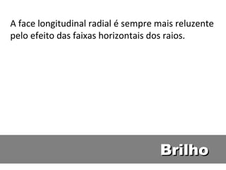 A face longitudinal radial é sempre mais reluzente
pelo efeito das faixas horizontais dos raios.




                                    Brilho
 