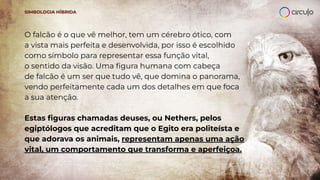 O falcão é o que vê melhor, tem um cérebro ótico, com
a vista mais perfeita e desenvolvida, por isso é escolhido
como símbolo para representar essa função vital,
o sentido da visão. Uma ﬁgura humana com cabeça
de falcão é um ser que tudo vê, que domina o panorama,
vendo perfeitamente cada um dos detalhes em que foca
a sua atenção.
Estas ﬁguras chamadas deuses, ou Nethers, pelos
egiptólogos que acreditam que o Egito era politeísta e
que adorava os animais, representam apenas uma ação
vital, um comportamento que transforma e aperfeiçoa.
SIMBOLOGIA HÍBRIDA
 