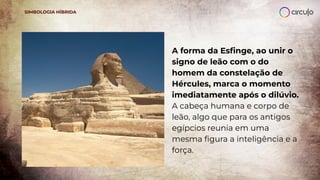 A forma da Esﬁnge, ao unir o
signo de leão com o do
homem da constelação de
Hércules, marca o momento
imediatamente após o dilúvio.
A cabeça humana e corpo de
leão, algo que para os antigos
egípcios reunia em uma
mesma ﬁgura a inteligência e a
força.
SIMBOLOGIA HÍBRIDA
 