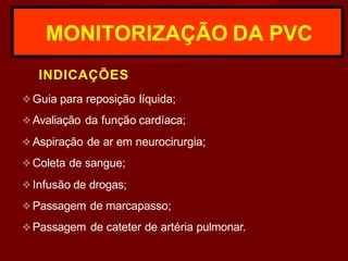 MONITORIZAÇÃO DA PVC
INDICAÇÕES
❖Guia para reposição líquida;
❖Avaliação da função cardíaca;
❖Aspiração de ar em neurocirurgia;
❖Coleta de sangue;
❖Infusão de drogas;
❖Passagem de marcapasso;
❖Passagem de cateter de artéria pulmonar.
 