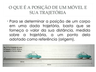 O QUE É A POSIÇÃO DE UM MÓVEL E
         SUA TRAJETÓRIA
• Para se determinar a posição de um corpo
  em uma dada trajetória, basta que se
  forneça o valor da sua distância, medida
  sobre a trajetória, a um ponto dela
  adotado como referência (origem).
 