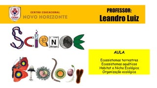 PROFESSOR:
Leandro Luiz
AULA
Ecossistemas terrestres
Ecossistemas aquáticos
Habitat e Nicho Ecológico
Organização ecológica
 