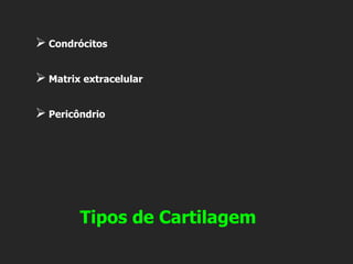 Tipos de Cartilagem
➢ Condrócitos
➢ Matrix extracelular
➢ Pericôndrio
 