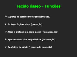 ➢ Suporte de tecidos moles (sustentação)
➢ Protege órgãos vitais (proteção)
➢ Aloja e protege a medula óssea (hematopoese)
➢ Apoia os músculos esqueléticos (locomoção)
➢ Depósitos de cálcio (reserva de minerais)
Tecido ósseo - Funções
 