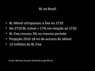 BL no BrasilBL Móvel ultrapassou a fixa no 1T10No 2T10 BL móvel > 17% em relação ao 1T10BL Fixa cresceu 3% no mesmo períodoProjeção 2010 18 mi de acessos BL Móvel13 milhões de BL FixaFonte: Balanço Huawei da Banda Larga Móvel