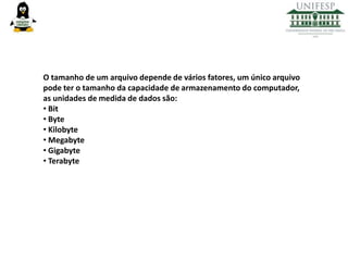 O tamanho de um arquivo depende de vários fatores, um único arquivo
pode ter o tamanho da capacidade de armazenamento do computador,
as unidades de medida de dados são:
• Bit
• Byte
• Kilobyte
• Megabyte
• Gigabyte
• Terabyte

 