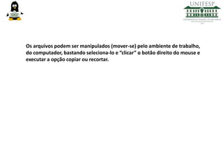 Os arquivos podem ser manipulados (mover-se) pelo ambiente de trabalho,
do computador, bastando seleciona-lo e “clicar” o botão direito do mouse e
executar a opção copiar ou recortar.

 