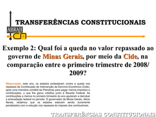 Exemplo 2: Qual foi a queda no valor repassado ao governo de  Minas Gerais , por meio da  Cide , na comparação  entre o primeiro trimestre de 2008/ 2009 ? TRANSFERÊNCIAS CONSTITUCIONAIS TRANSFERÊNCIAS CONSTITUCIONAIS Observação:  este ano, os estados protestaram contra a queda nos repasses da Contribuição de Intervenção de Domínio Econômico (Cide), após uma manobra contábil da Petrobras para pagar menos impostos e contribuições, o que lhe gerou créditos junto à Receita Federal. As contribuições a menos no primeiro trimestre do ano ajudaram a derrubar a arrecadação federal no período. O governador de Minas Gerais, Aécio Neves, reclamou que os estados estavam sendo duramente penalizados com a redução nos repasses do imposto dos combustíveis. 