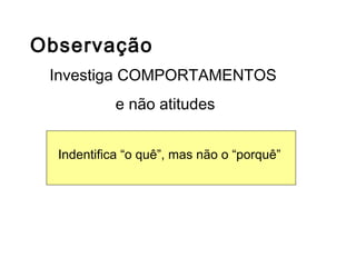 Observação
Investiga COMPORTAMENTOS
e não atitudes
Indentifica “o quê”, mas não o “porquê”
Outros métodos de coleta de dados
 