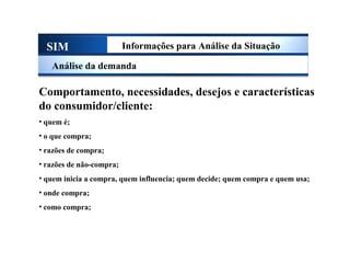 SIM Informações para Análise da Situação
Análise da demanda
Comportamento, necessidades, desejos e características
do consumidor/cliente:
• quem é;
• o que compra;
• razões de compra;
• razões de não-compra;
• quem inicia a compra, quem influencia; quem decide; quem compra e quem usa;
• onde compra;
• como compra;
Sistema de Informações de Marketing
 