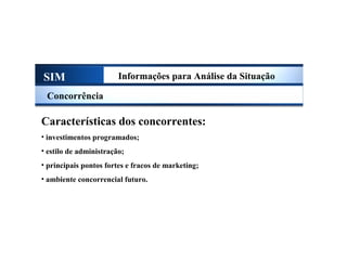 SIM Informações para Análise da Situação
Concorrência
Características dos concorrentes:
• investimentos programados;
• estilo de administração;
• principais pontos fortes e fracos de marketing;
• ambiente concorrencial futuro.
Sistema de Informações de Marketing
 