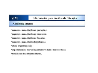 SIM Informações para Análise da Situação
Ambiente interno
• recursos e capacitações de marketing;
• recursos e capacitações de produção;
• recursos e capacitações de finanças;
• recursos e capacitações tecnológicas;
• clima organizacional;
• experiências de marketing anteriores bem e malsucedidas;
• tendências do ambiente interno.
Sistema de Informações de Marketing
 