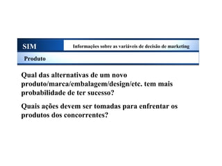 SIM Informações sobre as variáveis de decisão de marketing
Produto
Qual das alternativas de um novo
produto/marca/embalagem/design/etc. tem mais
probabilidade de ter sucesso?
Quais ações devem ser tomadas para enfrentar os
produtos dos concorrentes?
Sistema de Informações de Marketing
 