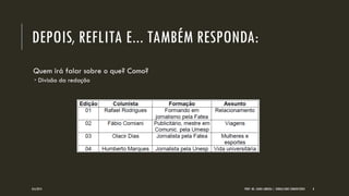 DEPOIS, REFLITA E... TAMBÉM RESPONDA: 
Quem irá falar sobre o que? Como? 
Divisão da redação 
8/6/2014 
PROF. MS. AGNES ARRUDA | JORNALISMO COMUNITÁRIO 
8 