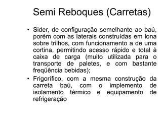 Semi Reboques (Carretas)
• Sider, de configuração semelhante ao baú,
porém com as laterais construídas em lona
sobre trilhos, com funcionamento a de uma
cortina, permitindo acesso rápido e total à
caixa de carga (muito utilizada para o
transporte de paletes, e com bastante
freqüência bebidas);
• Frigorífico, com a mesma construção da
carreta baú, com o implemento de
isolamento térmico e equipamento de
refrigeração
 