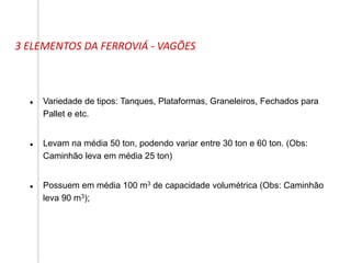 3 ELEMENTOS DA FERROVIÁ - VAGÕES
 Variedade de tipos: Tanques, Plataformas, Graneleiros, Fechados para
Pallet e etc.
 Levam na média 50 ton, podendo variar entre 30 ton e 60 ton. (Obs:
Caminhão leva em média 25 ton)
 Possuem em média 100 m3 de capacidade volumétrica (Obs: Caminhão
leva 90 m3);
 