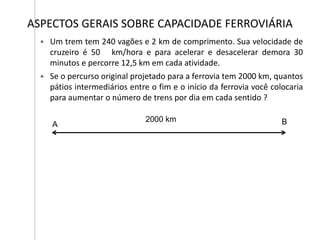 ASPECTOS GERAIS SOBRE CAPACIDADE FERROVIÁRIA
 Um trem tem 240 vagões e 2 km de comprimento. Sua velocidade de
cruzeiro é 50 km/hora e para acelerar e desacelerar demora 30
minutos e percorre 12,5 km em cada atividade.
 Se o percurso original projetado para a ferrovia tem 2000 km, quantos
pátios intermediários entre o fim e o início da ferrovia você colocaria
para aumentar o número de trens por dia em cada sentido ?
A B
2000 km
 