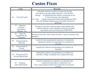 Custos Fixos
Custo Descrição
01 – Custo de Capital
Calculada conforme as práticas normais de mercado.
Vale observar que para cargas especiais o valor do Semi -
reboque , ou equipamento que contém a carga pode ser até
4 vezes maior que o da carga geral.
Ex.: Semi - reboque carga geral comum aproximadamente R$35
mil; semi Reboque tanque de aço inox padrão alimentício:
R$70 mil.
02 – Impostos/
Licenças/
Documentos
Obrigató rios
Normais de mercado, sendo que para a carga líquida ainda
incidem impostos e taxas específicas (como por exemplo
capacitações técnicas emitidas pelo INMETRO)
03 – Seguro do
Equipamento de
Transporte
Normais de mercado, sendo valores elevados, é preciso analisar Custo
Benefício
04 – Remuneração do
Motorista
A parte fixa da remuneração do motorista é normalmente
regida pelo sindicato correspondente (ou condições do
mercado)
05 – Remuneração do
Pessoal
Administrativo da Operação
Regida pelo sindicato correspondente (ou condições do
mercado)
06 – Remuneração do
Pessoal Operacional
Regida pelo sindicato correspondente (ou condições do
mercado), Tráfego e expedição são exemplos dessa área.
-
07 – Despesas
Adm./Operacionais
Normais e pertinentes ao segmento, com destaque para
controles de frota; pneus; combustíveis, etc.
Para a carga líquida existem custos adicionais de execução e
controle
 