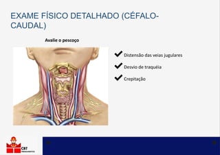 AVALIAÇÃO DO PESCOÇO
Determinação do tamanho Colocação do colar cervical
EXAME FÍSICO DETALHADO (CÉFALO-
CAUDAL)
 