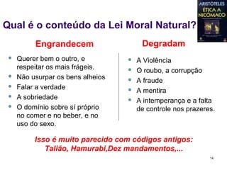 Qual é o conteúdo da Lei Moral Natural?
          Engrandecem                   Degradam
    Querer bem o outro, e            A Violência
     respeitar os mais frágeis.       O roubo, a corrupção
    Não usurpar os bens alheios      A fraude
    Falar a verdade                  A mentira
    A sobriedade                     A intemperança e a falta
    O domínio sobre sí próprio        de controle nos prazeres.
     no comer e no beber, e no
     uso do sexo.

          Isso é muito parecido com códigos antigos:
             Talião, Hamurabi,Dez mandamentos,...
                                                              14
 