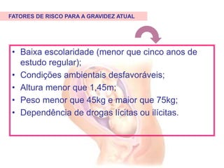 • Baixa escolaridade (menor que cinco anos de
estudo regular);
• Condições ambientais desfavoráveis;
• Altura menor que 1,45m;
• Peso menor que 45kg e maior que 75kg;
• Dependência de drogas lícitas ou ilícitas.
FATORES DE RISCO PARA A GRAVIDEZ ATUAL
 