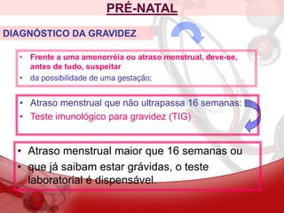 PRÉ-NATAL
• Frente a uma amenorréia ou atraso menstrual, deve-se,
antes de tudo, suspeitar
• da possibilidade de uma gestação;
DIAGNÓSTICO DA GRAVIDEZ
• Atraso menstrual que não ultrapassa 16 semanas:
• Teste imunológico para gravidez (TIG)
• Atraso menstrual maior que 16 semanas ou
• que já saibam estar grávidas, o teste
laboratorial é dispensável.
 
