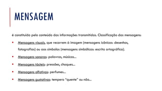 MENSAGEM
é constituída pelo conteúdo das informações transmitidas. Classificação das mensagens:
▪ Mensagens visuais, que recorrem à imagem (mensagens icônicas: desenhos,
fotografias) ou aos símbolos (mensagens simbólicas: escrita ortográfica).
▪ Mensagens sonoras: palavras, músicas...
▪ Mensagens tácteis: pressões, choques...
▪ Mensagens olfativas: perfumes...
▪ Mensagens gustativas: tempero “quente” ou não...
 