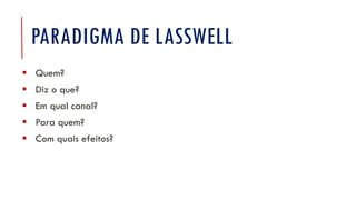 PARADIGMA DE LASSWELL
▪ Quem?
▪ Diz o que?
▪ Em qual canal?
▪ Para quem?
▪ Com quais efeitos?
 