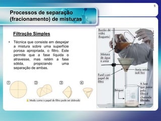 Processos de separação
(fracionamento) de misturas
5
Filtração Simples
• Técnica que consiste em despejar
a mistura sobre uma superfície
porosa apropriada, o filtro. Este
permite que a fase líquida o
atravesse, mas retém a fase
sólida, propiciando uma
separação de ambas.
 