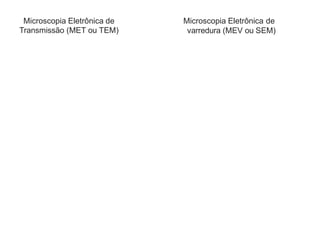 Microscopia Eletrônica de
Transmissão (MET ou TEM)
Microscopia Eletrônica de
varredura (MEV ou SEM)
 