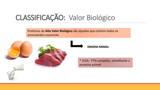 CLASSIFICAÇÃO: Valor Biológico
Proteínas de Alto Valor Biológico são aquelas que contem todos os
aminoácidos essenciais
ORIGEM ANIMAL
* SOJA: PTN completa, semelhante a
proteína animal
 