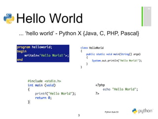 3
Hello World
... ‘hello world’ - Python X {Java, C, PHP, Pascal}
Python Aula 03
 